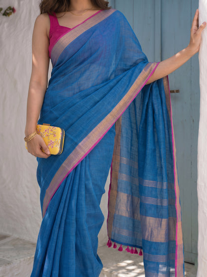 Power Play - Blue Pure Handloom Linen Saree with Zari Border