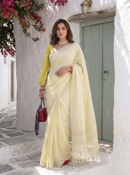 Buttercream - Yellow Pure Handloom Linen Saree with Zari border