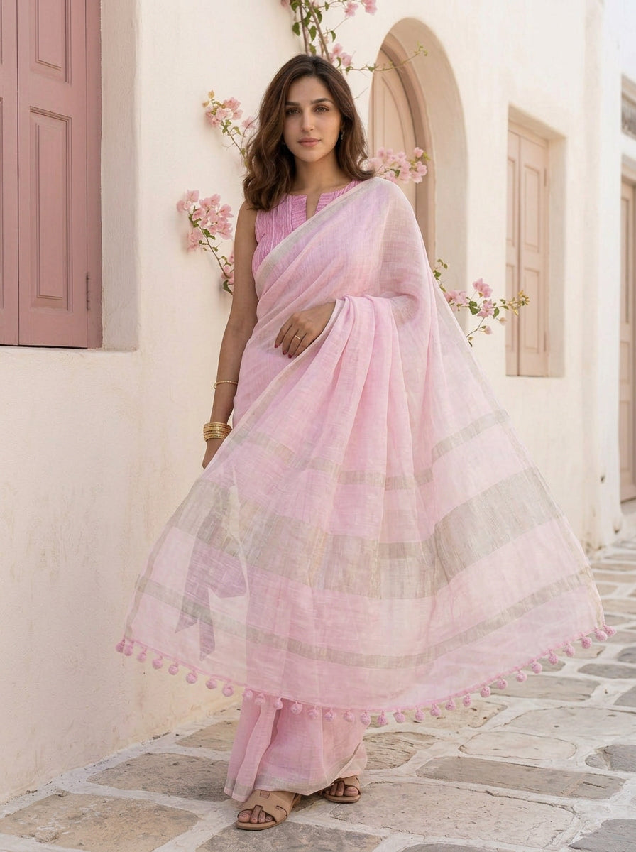 First Light - Powder Pink Pure Handloom Linen Saree with Zari border