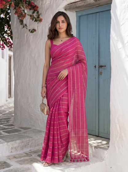 Statement - Pink Striped Pure Handloom Linen Saree with Zari Border