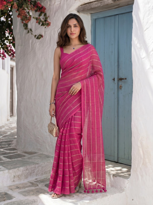 Statement - Pink Striped Pure Handloom Linen Saree with Zari Border