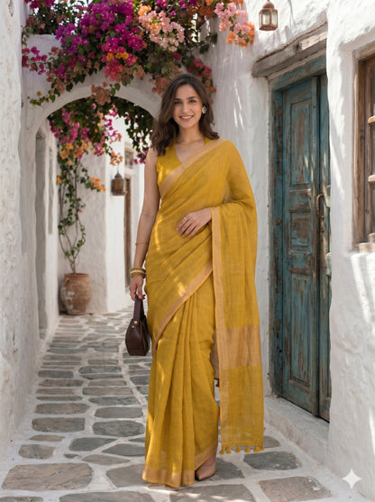 On Repeat - Yellow Handloom Linen Saree with Zari Border