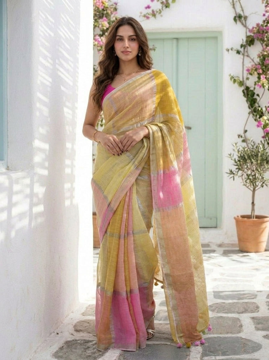 Checkmate - Multicolour Checked Pure Handloom Linen Saree