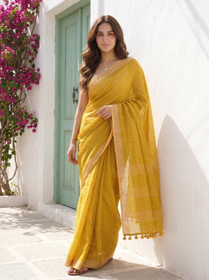 On Repeat - Yellow Handloom Linen Saree with Zari Border