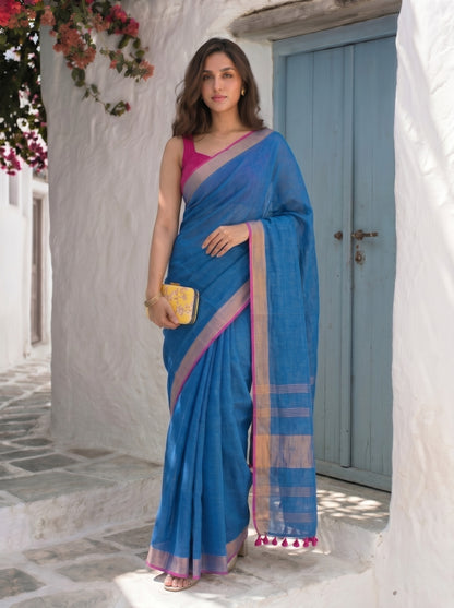 Power Play - Blue Pure Handloom Linen Saree with Zari Border
