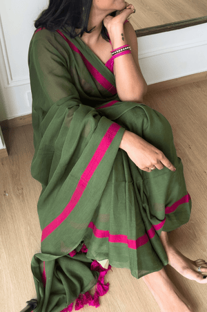 Pink Guava - Green Mulmul Cotton Saree with Pink Border