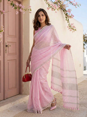 First Light - Powder Pink Pure Handloom Linen Saree with Zari border