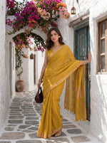 On Repeat - Yellow Handloom Linen Saree with Zari Border