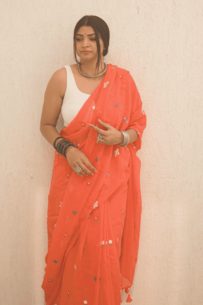 Gardenalia Flame Mul Saree - Mayin India 