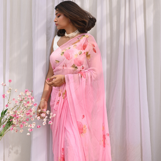 Damask Rose Pure Chiffon Saree