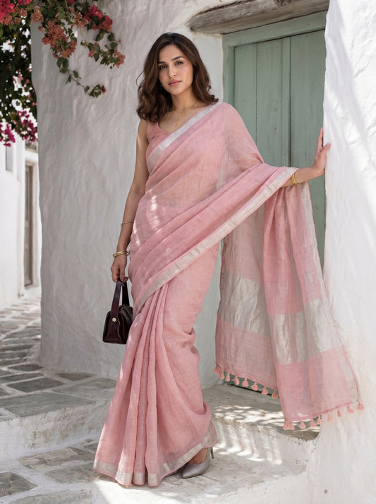Poise - Pink Pure Handloom Linen Saree with Zari border