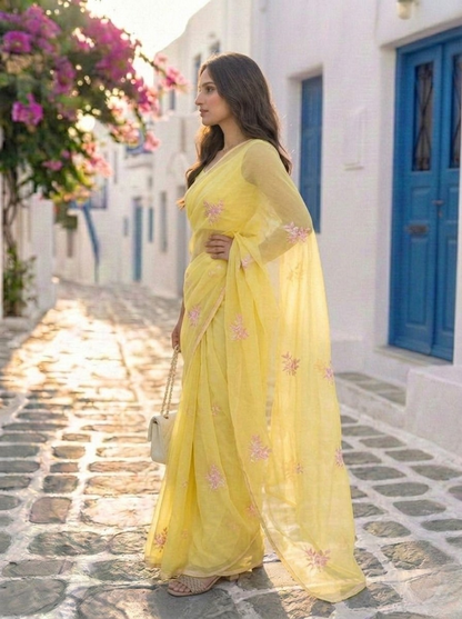 Celina - Yellow Floral Printed & Embroidered Chiffon Saree
