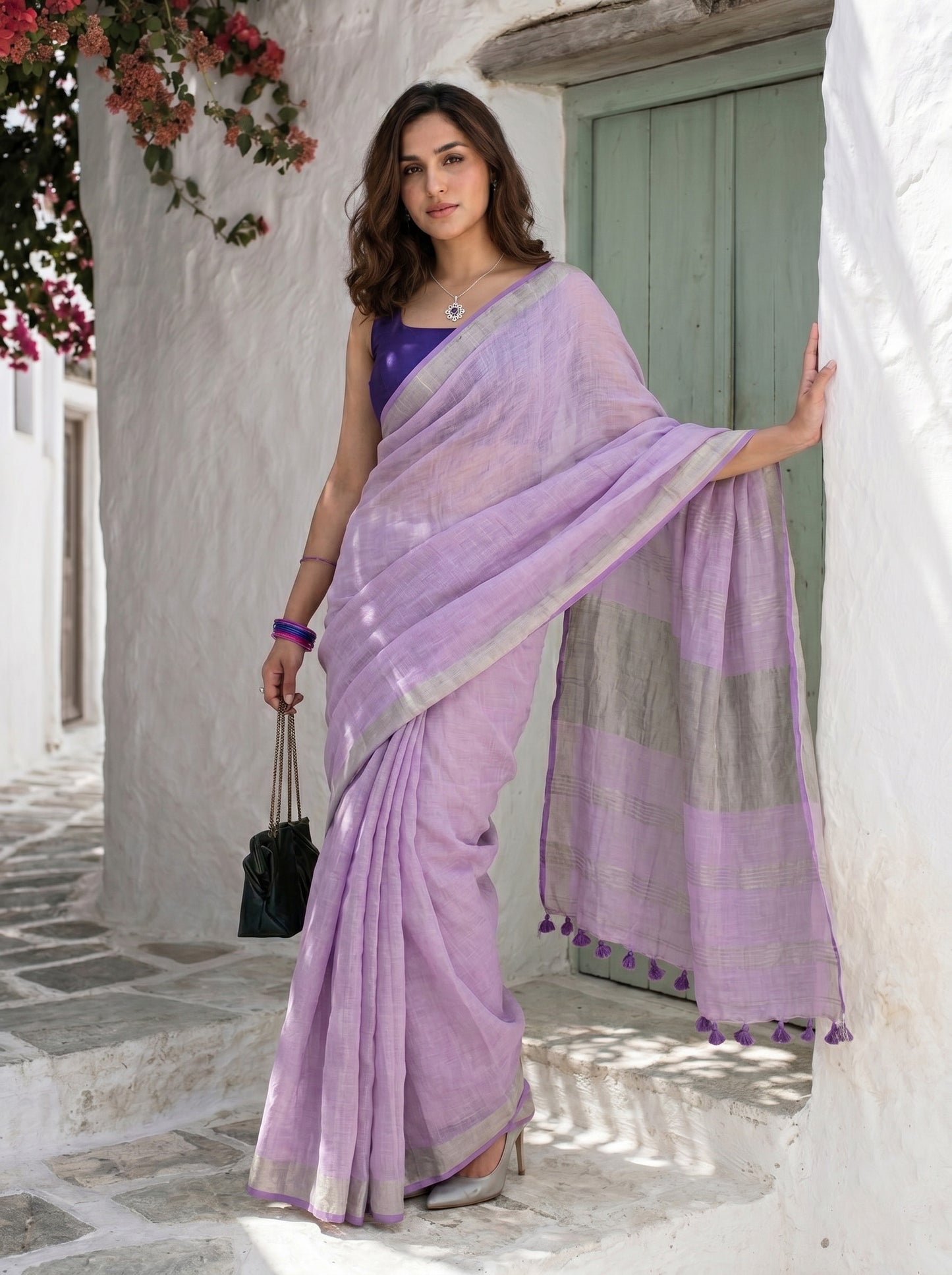 Calm - Lavender Purple Pure Handloom Linen Saree with Zari Border