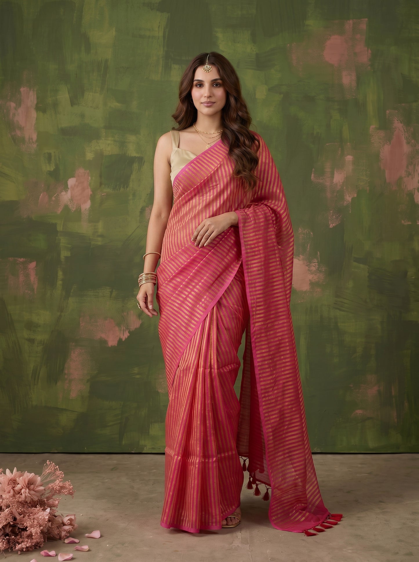 Arohi - Pink Striped Mul Cotton Zari Saree