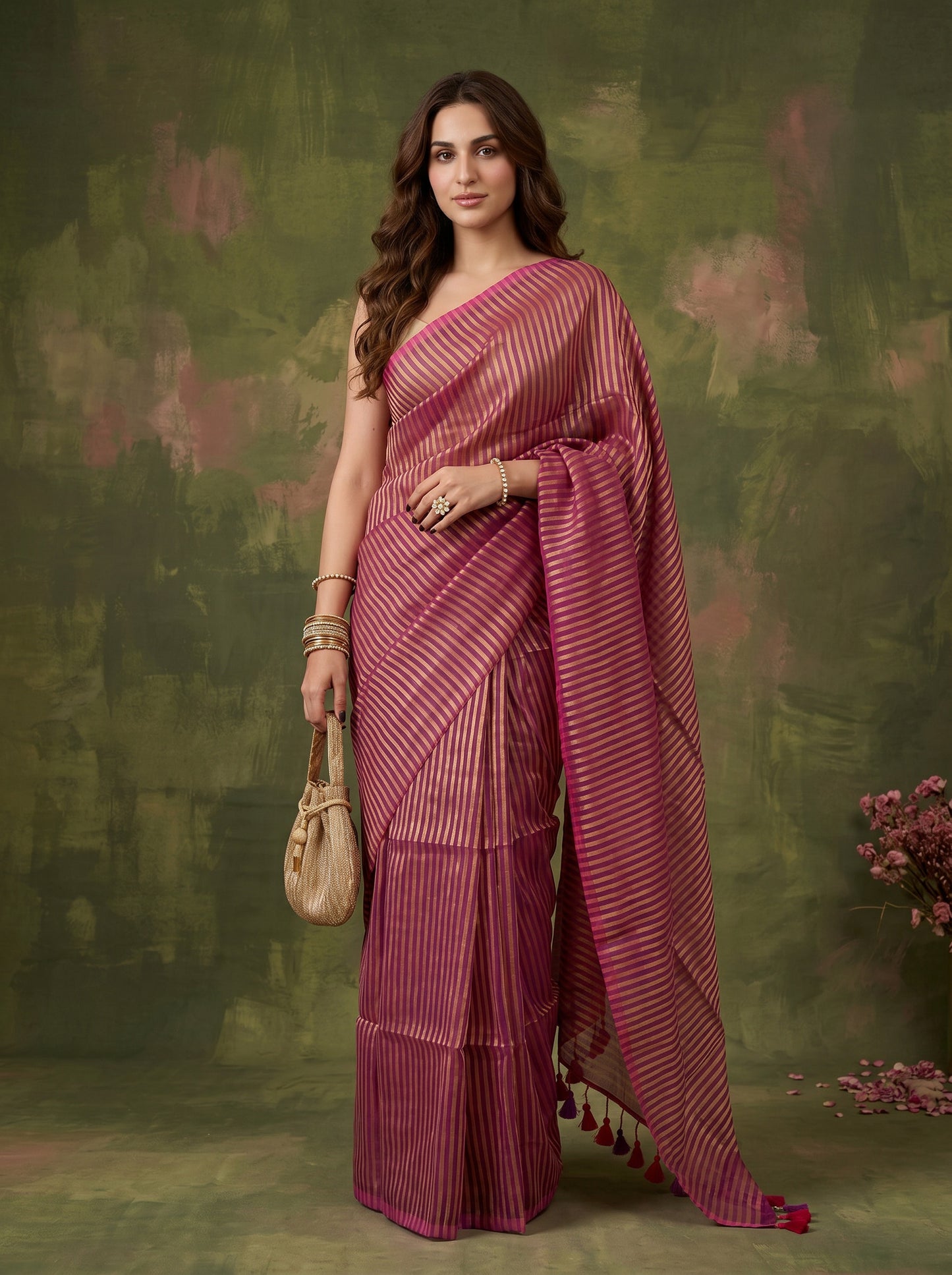 Meera - Magenta Striped Mul Cotton Zari Saree