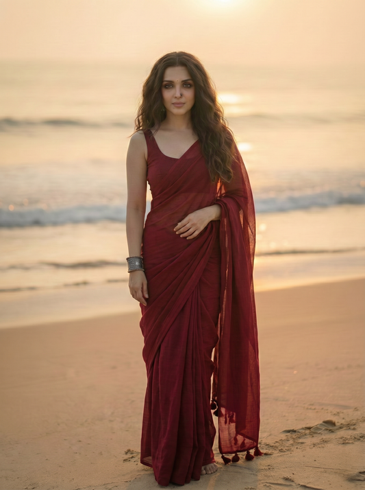 True Garnet - Plain Maroon Mul Modal Saree