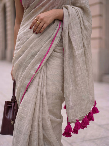 The Go to - Ivory Pure Handloom Linen Saree with Zari Border