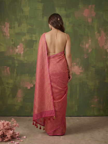 Arohi - Pink Striped Mul Cotton Zari Saree