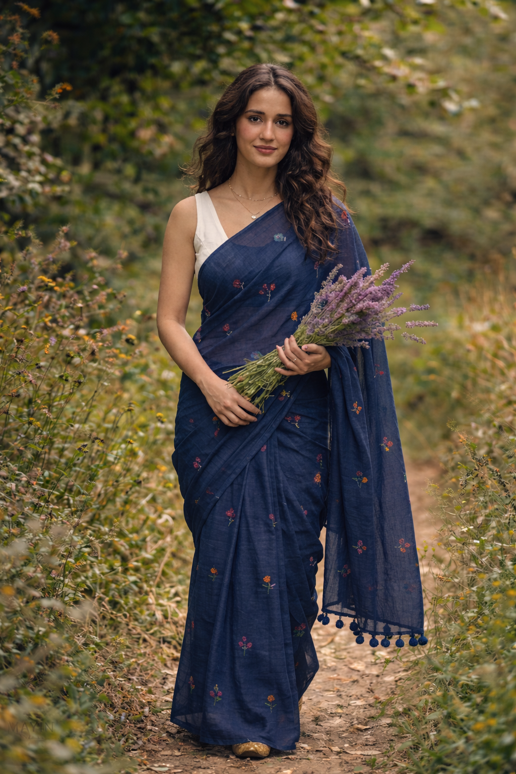 Gardenalia Royal Blue - Embroidered Mulmul Cotton Saree