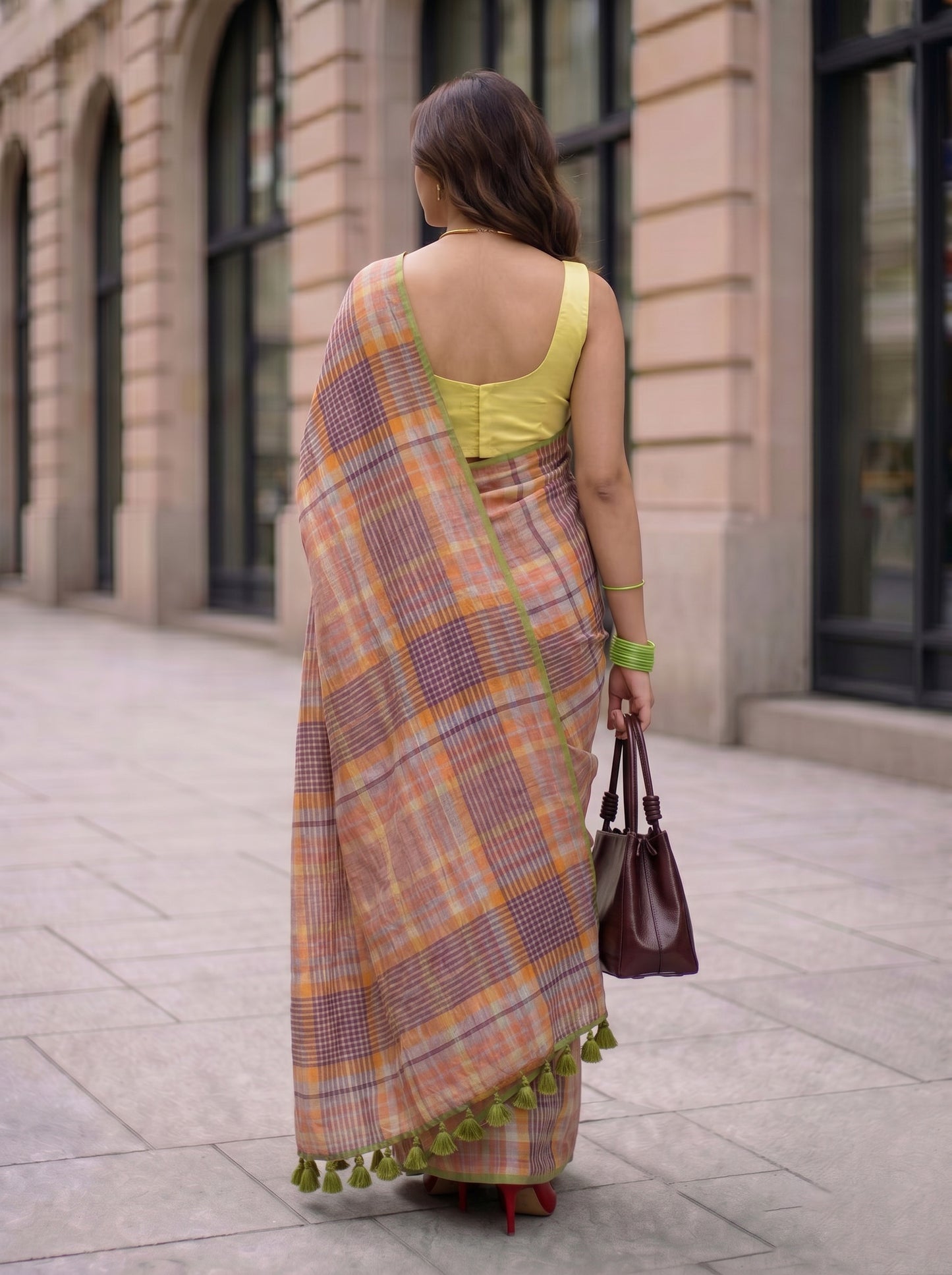 Boardroom - Multicolour Checked Pure Handloom Linen Saree