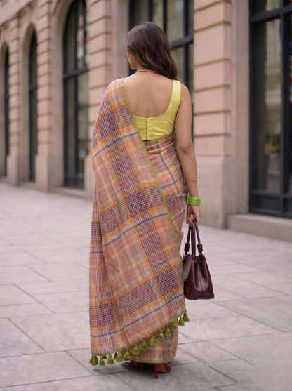 Boardroom - Multicolour Checked Pure Handloom Linen Saree