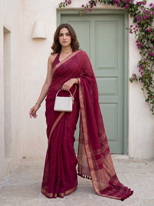 Main Event - Burgundy Red Pure Handloom Linen Saree with Zari border