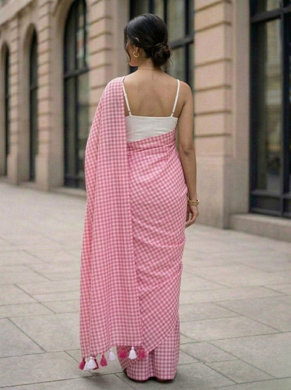 Blush Orchard - Soft Pink Gingham Mulmul Cotton Saree