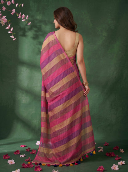 Samaya - Multicolour Striped Mul Cotton Zari Saree