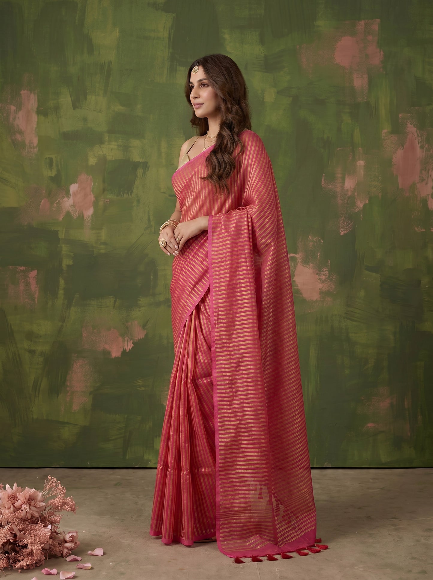 Arohi - Pink Striped Mul Cotton Zari Saree