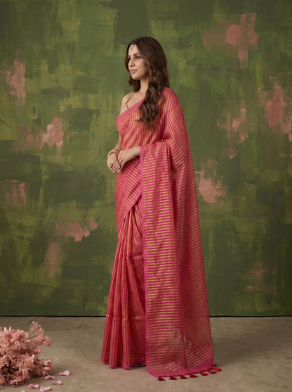 Arohi - Pink Striped Mul Cotton Zari Saree