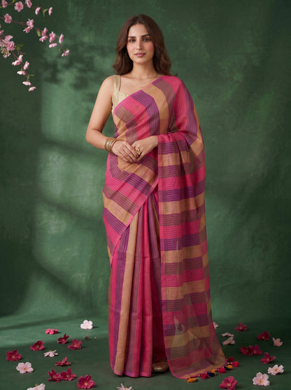 Samaya - Multicolour Striped Mul Cotton Zari Saree