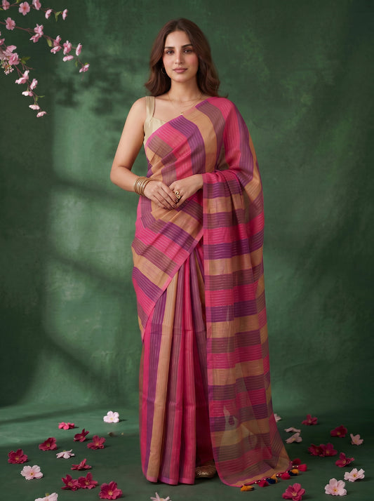 Samaya - Multicolour Striped Mul Cotton Zari Saree