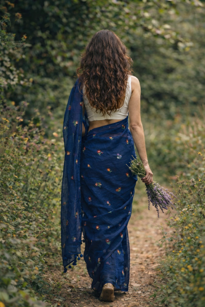 Gardenalia Royal Blue - Embroidered Mulmul Cotton Saree