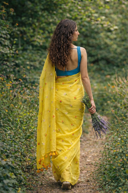Gardenalia Yellow - Embroidered Mulmul Cotton Saree