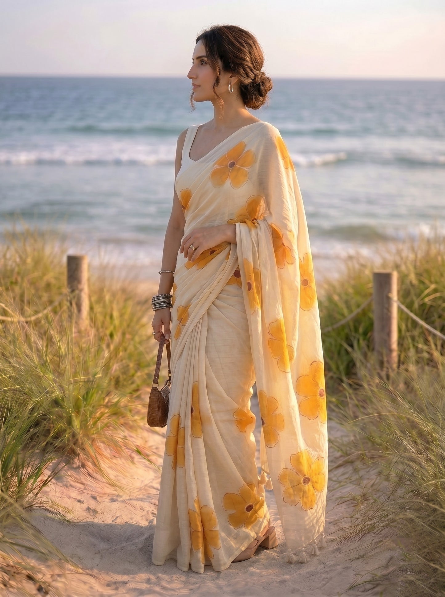 Apricot Bloom - Beige Handpainted Mul Cotton Saree