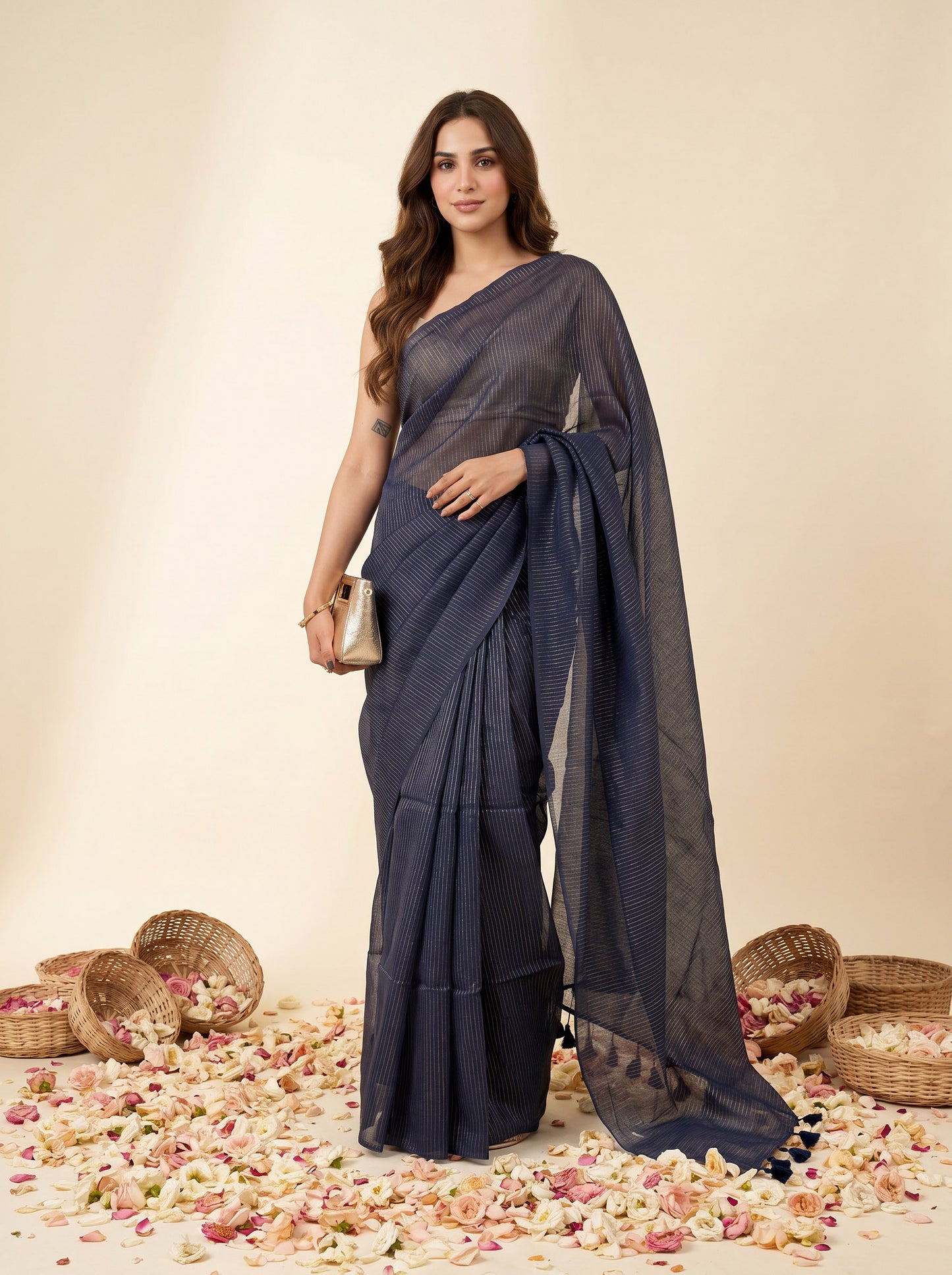 Magic At Midnight - Blue Striped Mul Cotton Zari Saree