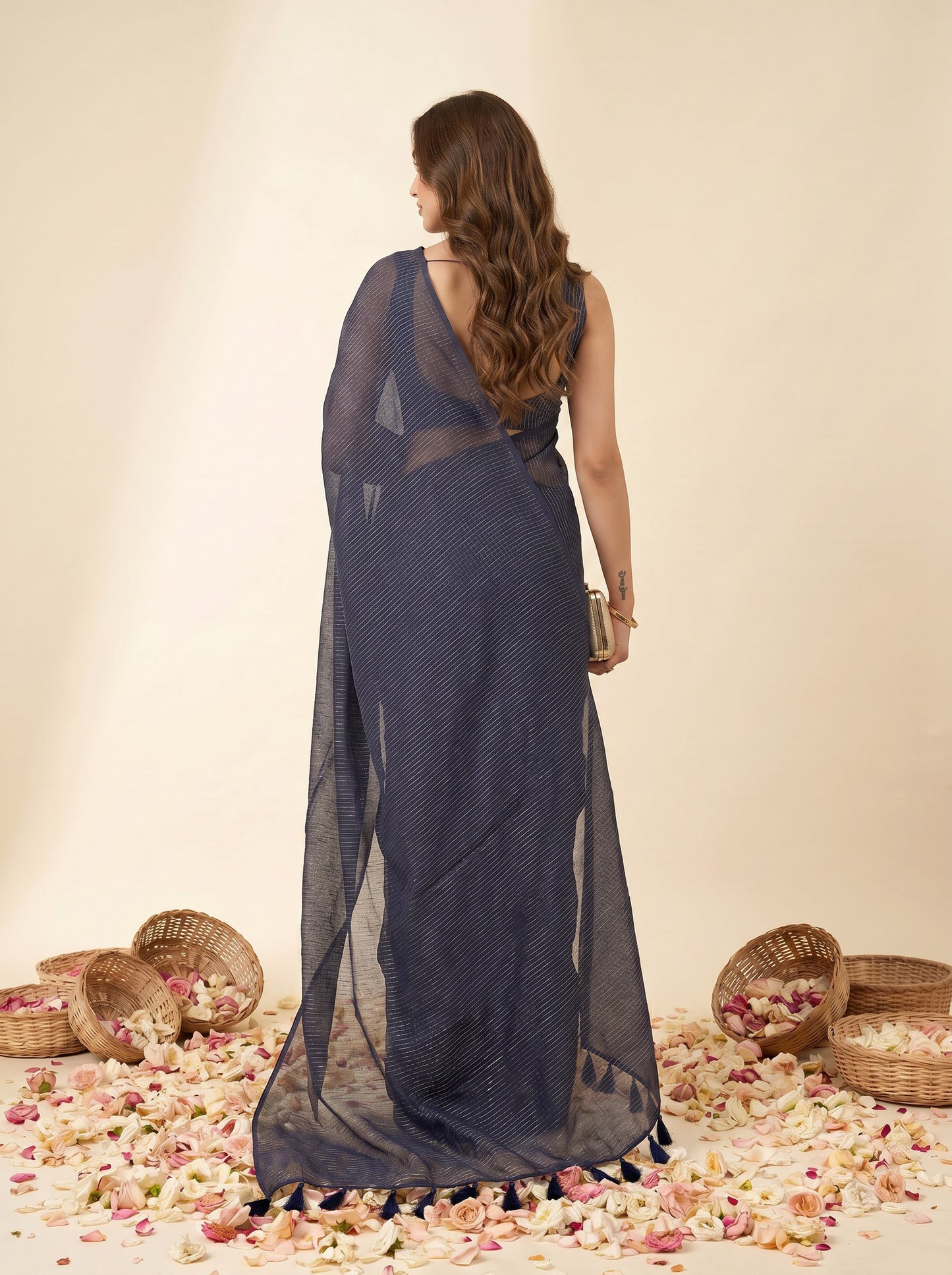 Magic At Midnight - Blue Striped Mul Cotton Zari Saree
