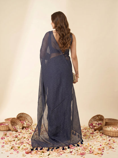 Magic At Midnight - Blue Striped Mul Cotton Zari Saree