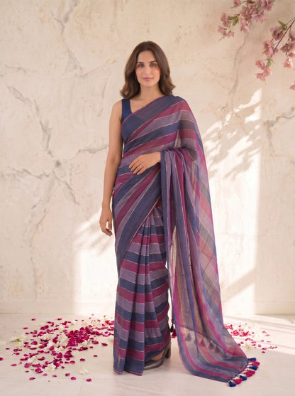 Gulnaar - Purple Striped Mul Cotton Zari Saree