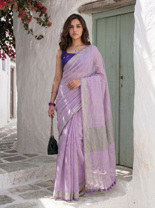 Calm - Lavender Purple Pure Handloom Linen Saree with Zari Border
