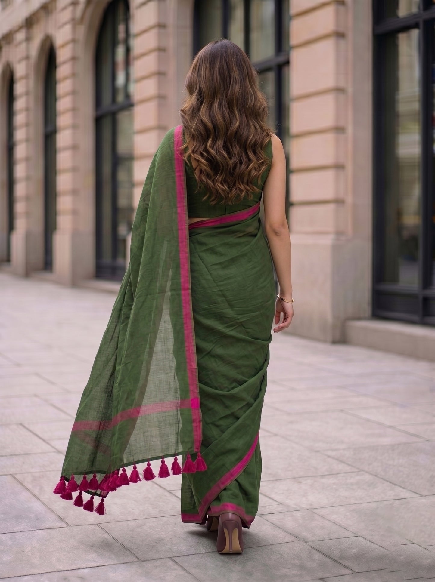 Pink Guava - Green Mulmul Cotton Saree with Pink Border