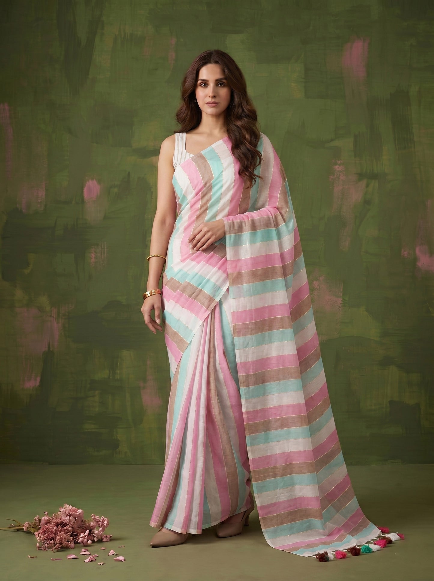 Aabroo - Multicolour Striped Sequin Saree