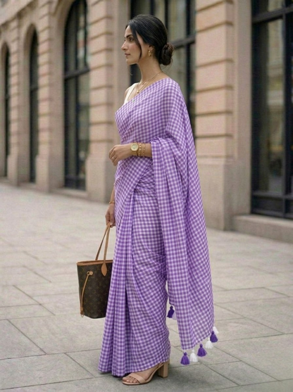 Wisteria Lane - Purple Gingham Mulmul Cotton Saree