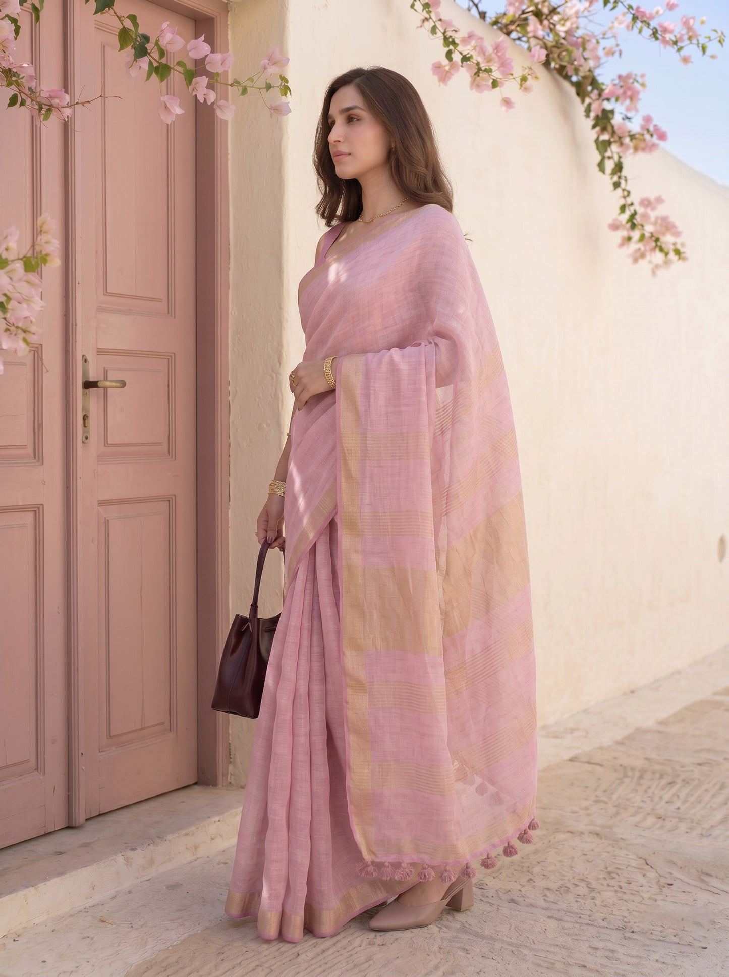Composure - Pink Pure Handloom Linen Saree with Zari border