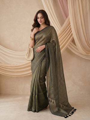Saaz - Green Striped Mul Cotton Zari Saree