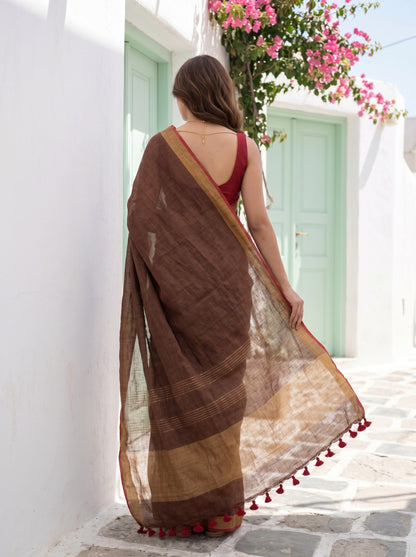 Double Espresso - Brown Pure Handloom Linen Saree with Zari Border