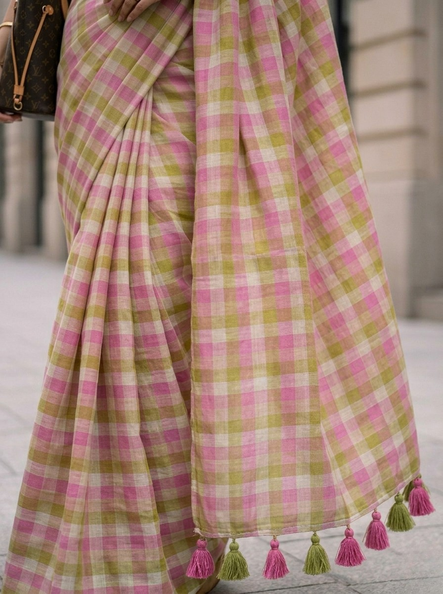 Morning Dew - Pink Lime Gingham Mulmul Cotton Saree