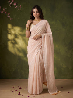 Beige - Striped Mul Cotton Zari Saree