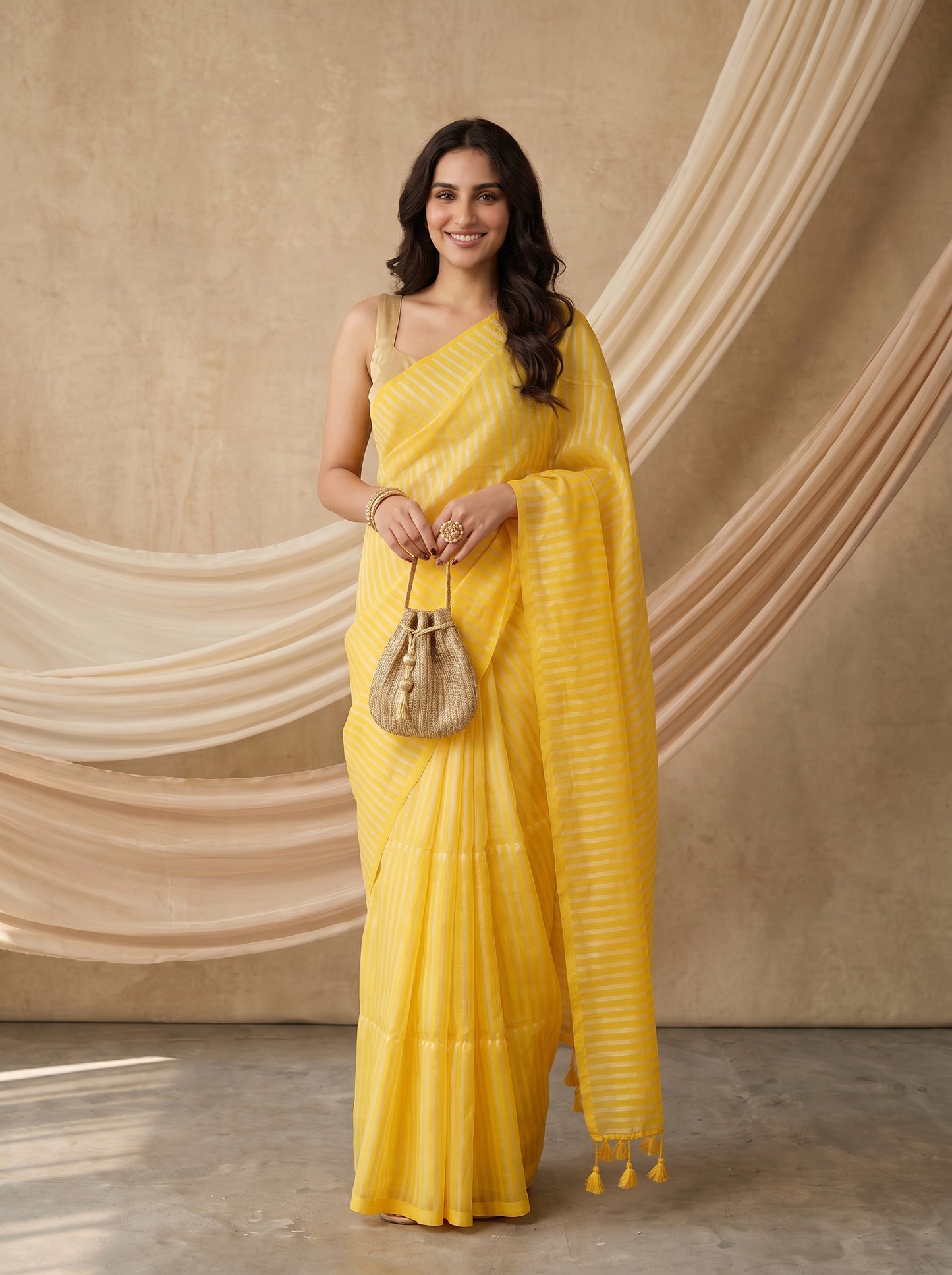 Samriddhi - Yellow Striped Mul Cotton Zari Saree