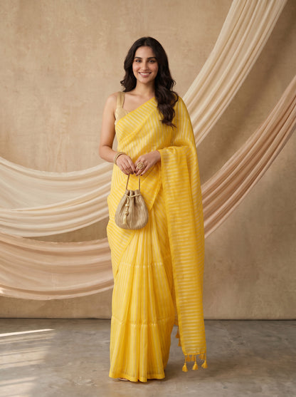 Samriddhi - Yellow Striped Mul Cotton Zari Saree